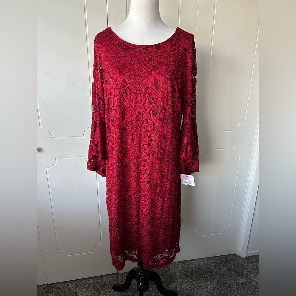 Liz Claiborne Ruby Red Lace Long Sleeve Dress